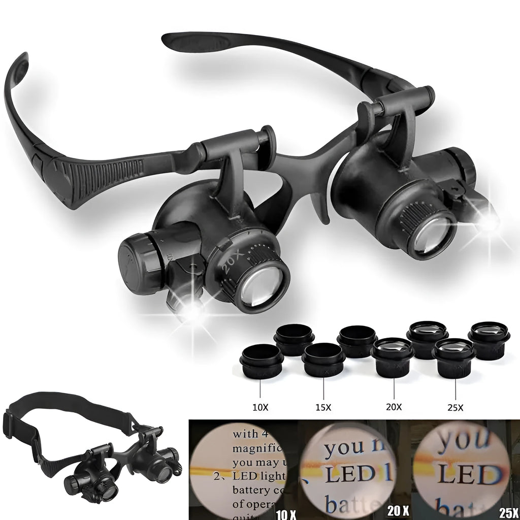 Double eye LED magnifier glasses with headband and 4 interchangeable lenses on black background