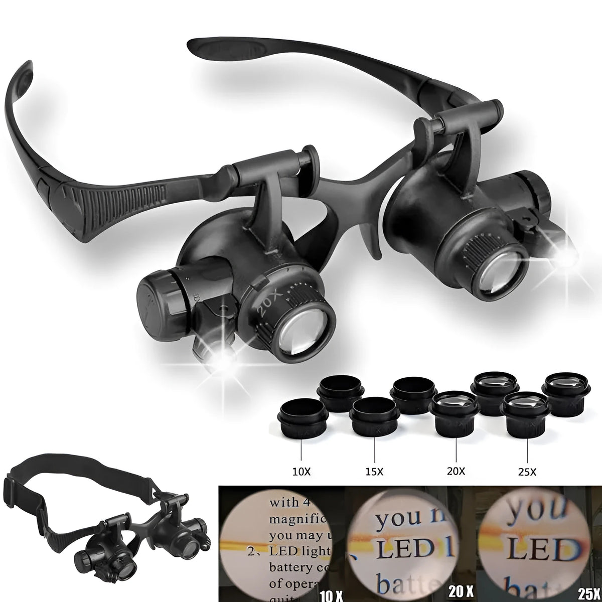 Double eye LED magnifier glasses with headband and 4 interchangeable lenses on black background