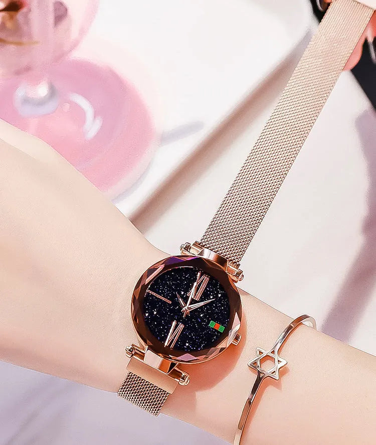 Starry Sky women's watch with magnetic mesh strap, alloy case, and glass surface, 34mm diameter