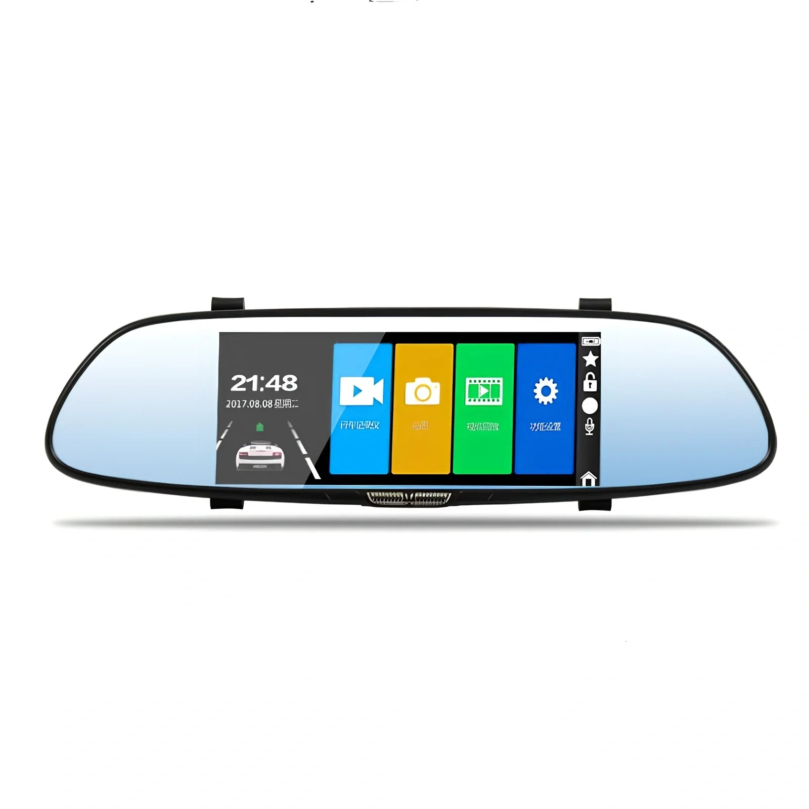 V37 7-inch screen driving recorder mounted on car windscreen showing 1080P footage playback