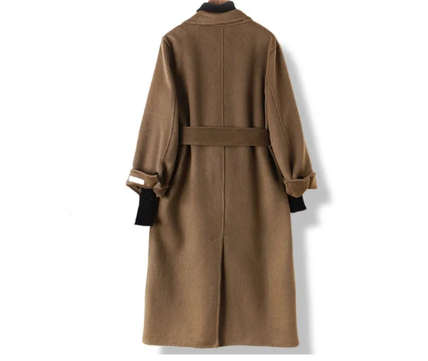 Women's knee-length wool coat with a long suit collar in black and caramel colours