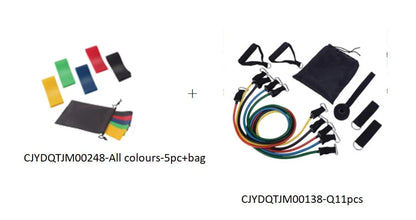 Set of five colour-coded resistance bands for yoga and fitness training, with storage bag