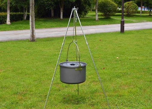 Silver aluminium camping tripod with hanging chain for outdoor barbecue cooking