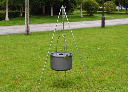 Silver aluminium camping tripod with hanging chain for outdoor barbecue cooking