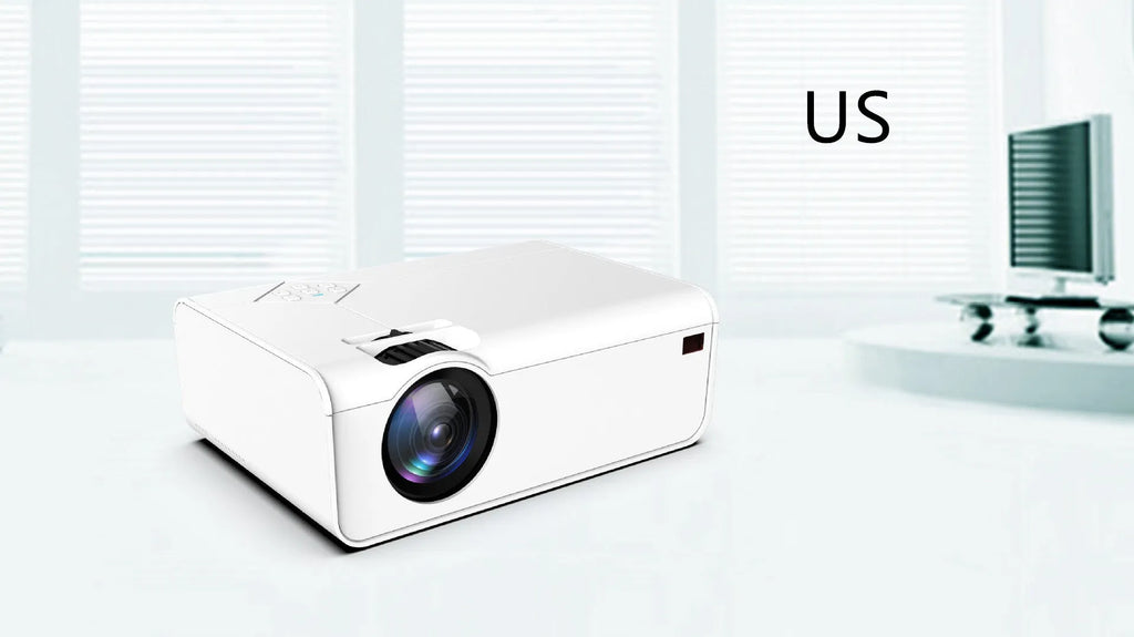 Pearl white Android smart HD micro projector on desk with projected screen 220-124cm