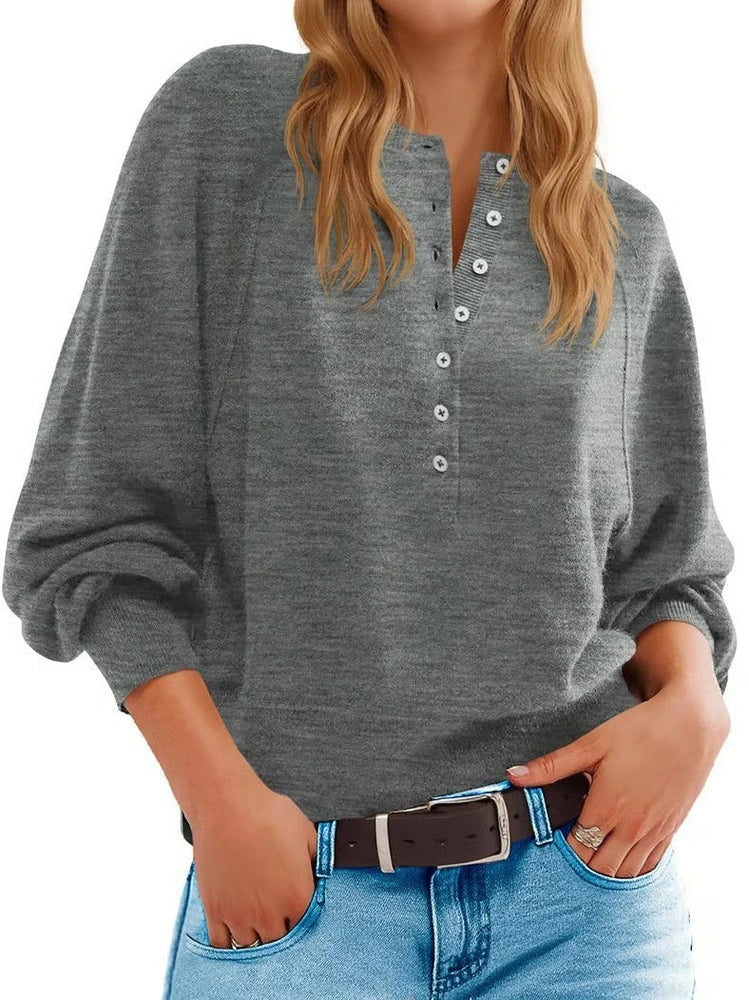 Women's knitted V-neck sweater with loose lantern sleeves in Army Green colour