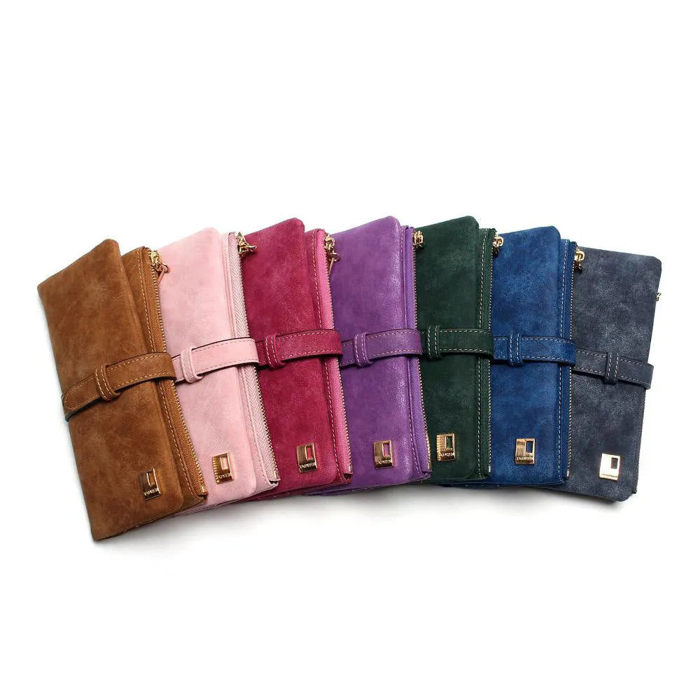 Long matte PU leather wallet for women in vintage colours with zip closure and card slots