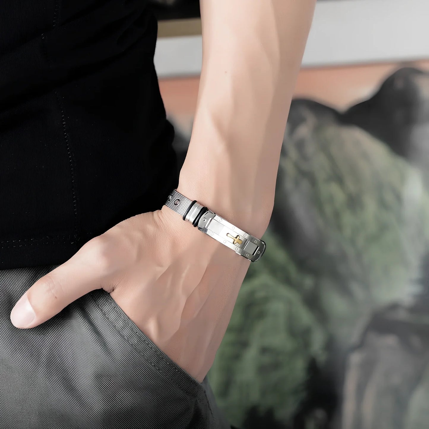 Men's adjustable stainless steel cross Bible charm bracelet, 12mm width, 17.5-22cm length, rust-resistant 316L metal with rope chain