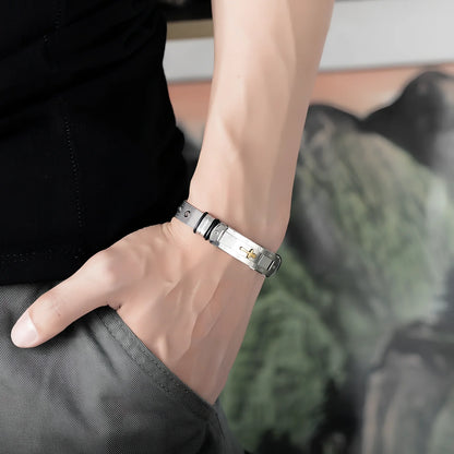 Men's adjustable stainless steel cross Bible charm bracelet, 12mm width, 17.5-22cm length, rust-resistant 316L metal with rope chain