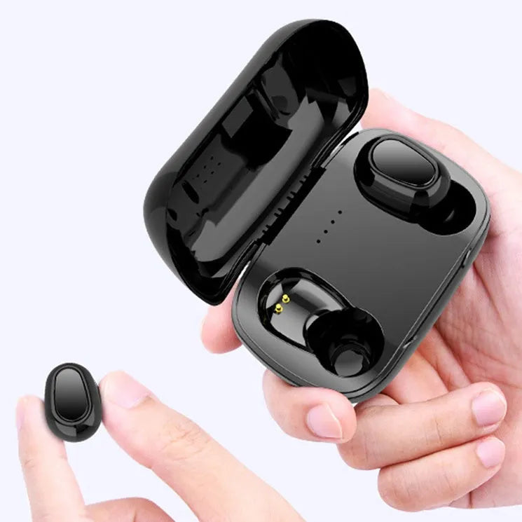 A Black TWS Bluetooth headset with earbuds and charging case on a white background.