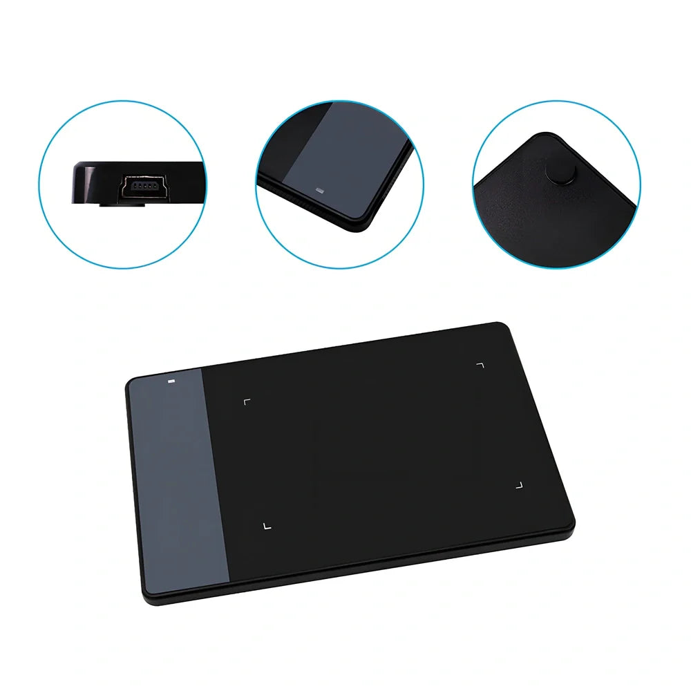 HUION 420 black graphics tablet with stylus, 176x115x7.5mm size, 2048 pressure levels for drawing.