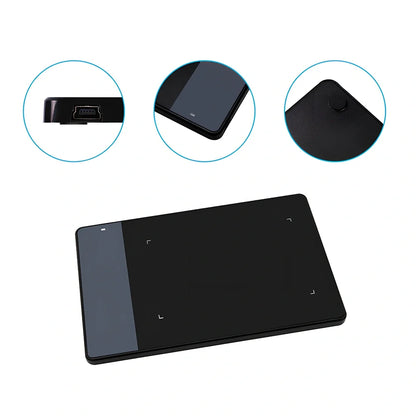 HUION 420 black graphics tablet with stylus, 176x115x7.5mm size, 2048 pressure levels for drawing.