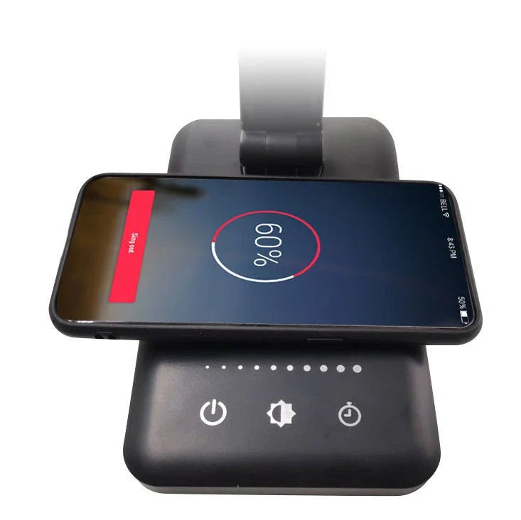 Wireless charging LED desk lamp with adjustable lighting and auto timer function
