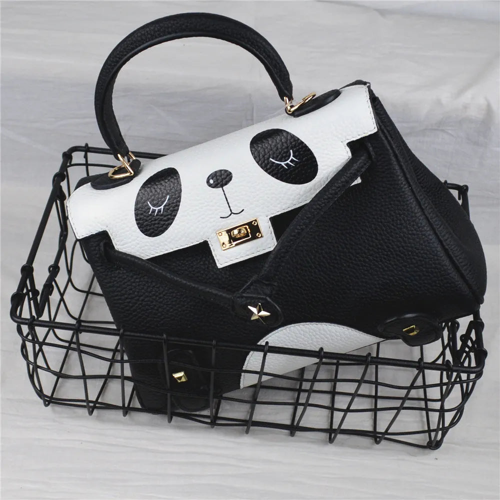 Square panda print cow leather handbag in sweet lady style showing two size options.