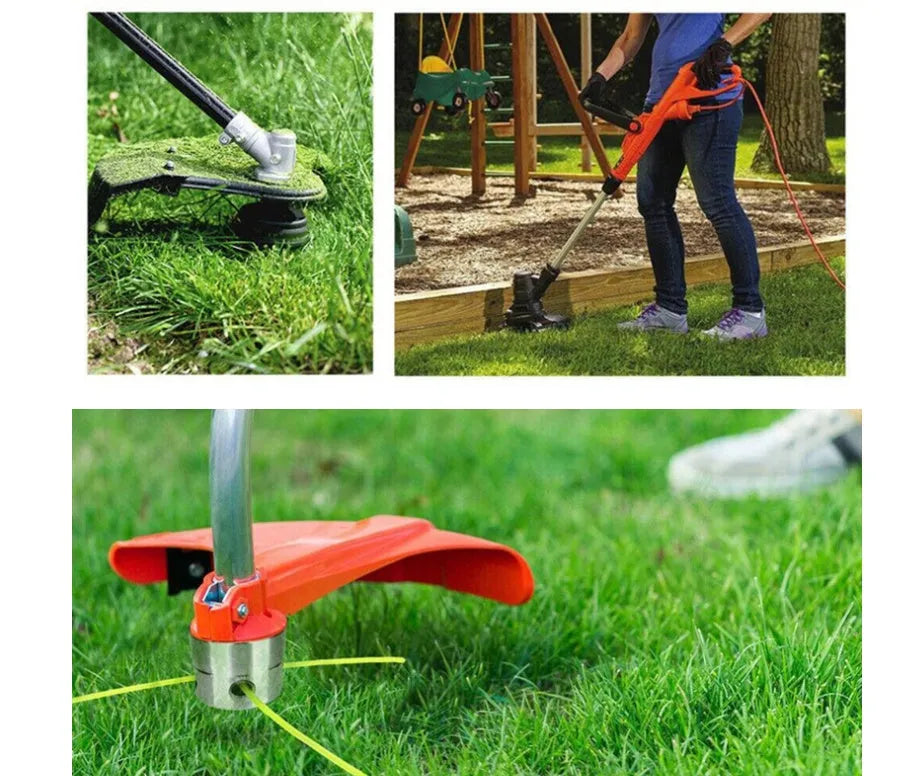 Silver aluminium lawn mower grass head kit with four light yellow square trimmer ropes and a wrench.