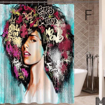 Colorful African girl portrait with graffiti art and modern buildings on a shower curtain