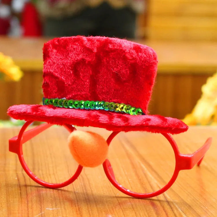 Plastic Christmas glasses with fabric accents in Santa, Snowman, Antlers and Rabbit Ear designs