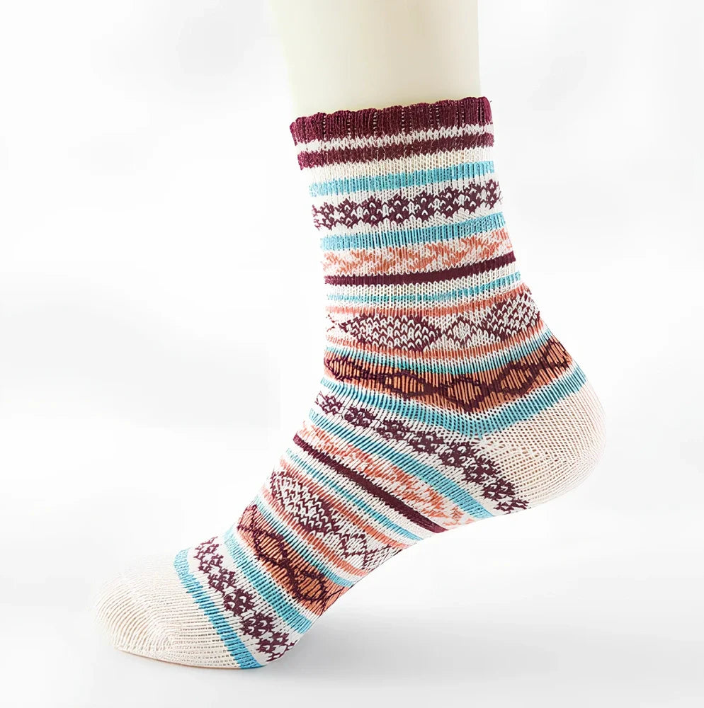 Pack of 5 thick stripe wool blend socks in various colours, featuring 15% rabbit hair for winter warmth, fitting sizes 39-42