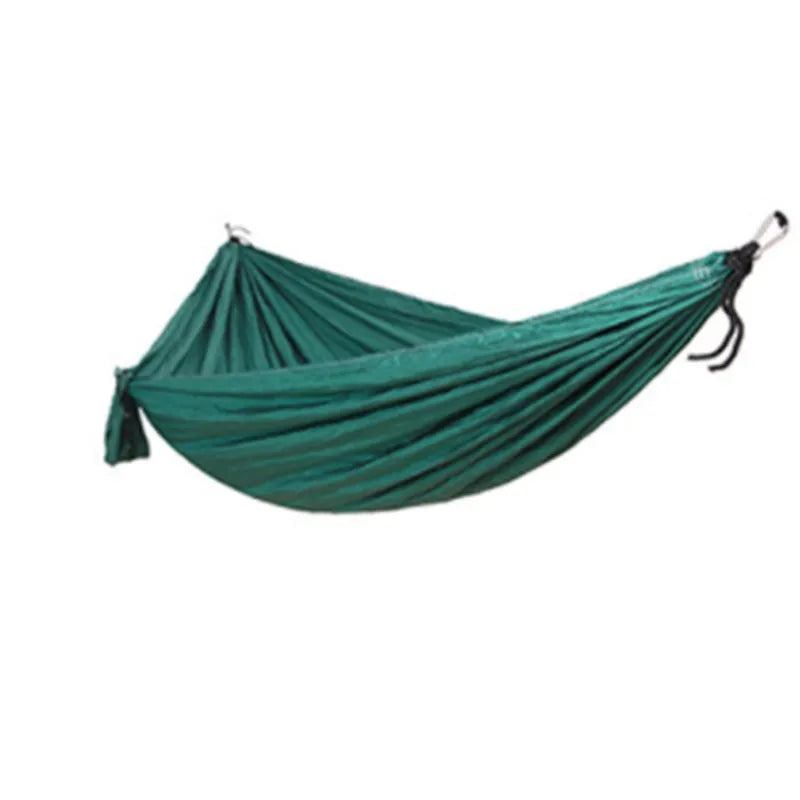 Double widened camping hammock in army green colour made from parachute fabric with steel buckles and rope