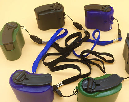 Green SpinIT hand-winding USB charger, 57x45x30mm dynamo with LED for 300mA mobile power generation