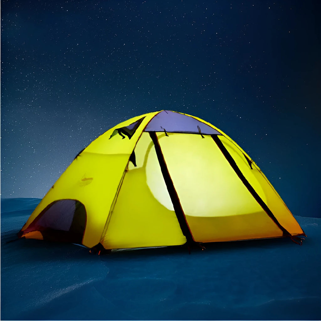 Wild couple tent in fruit green with spherical plaid outer and aluminium frame set up on grass