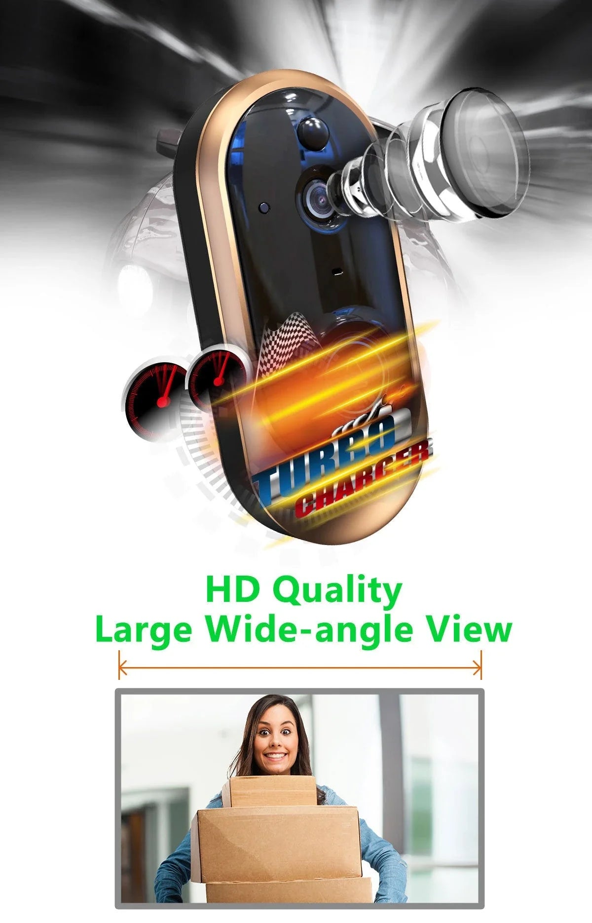 Low-power smart doorbell in gold, featuring wireless design and dual power options