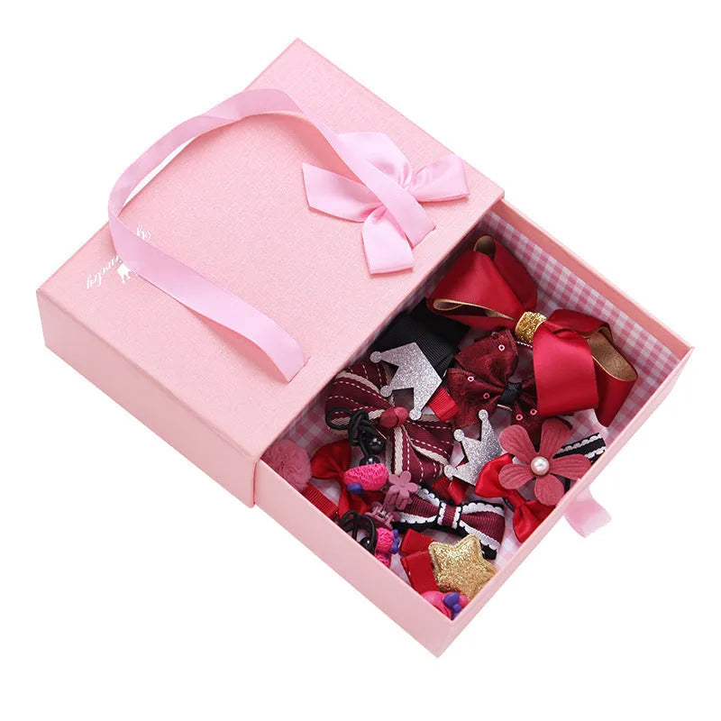 Children's handmade cloth bowknot hair accessories set in multiple colours with transparent box packaging