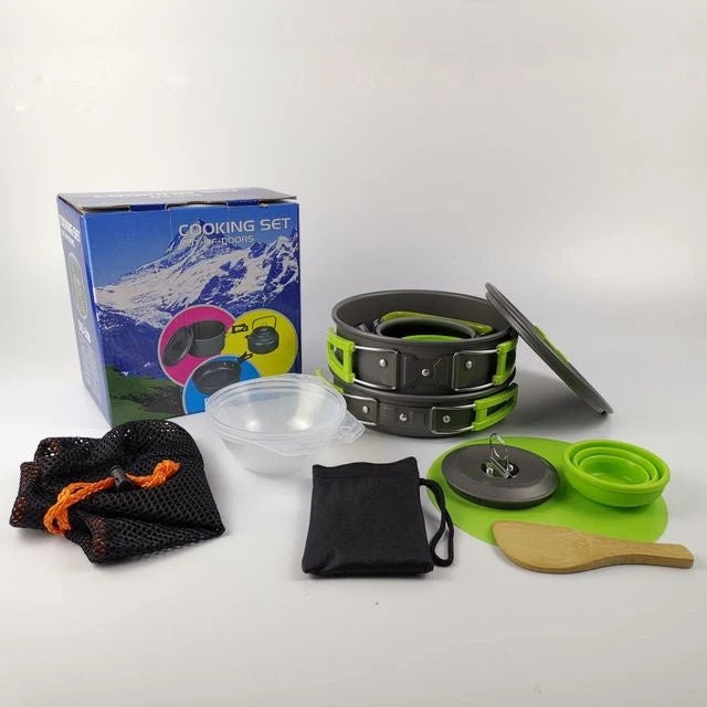 Lightweight folding outdoor cookware set including pot, pan, teapot, and tableware for camping and hiking