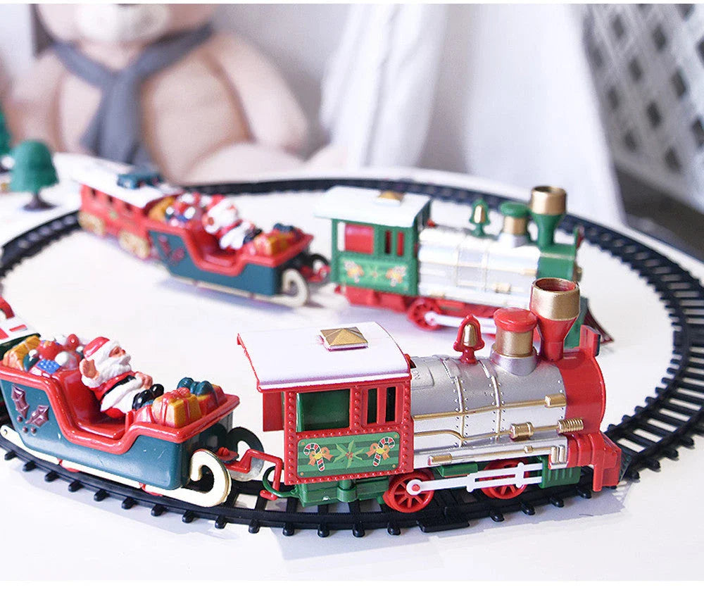 Christmas toy train set with lights and sounds on railway tracks