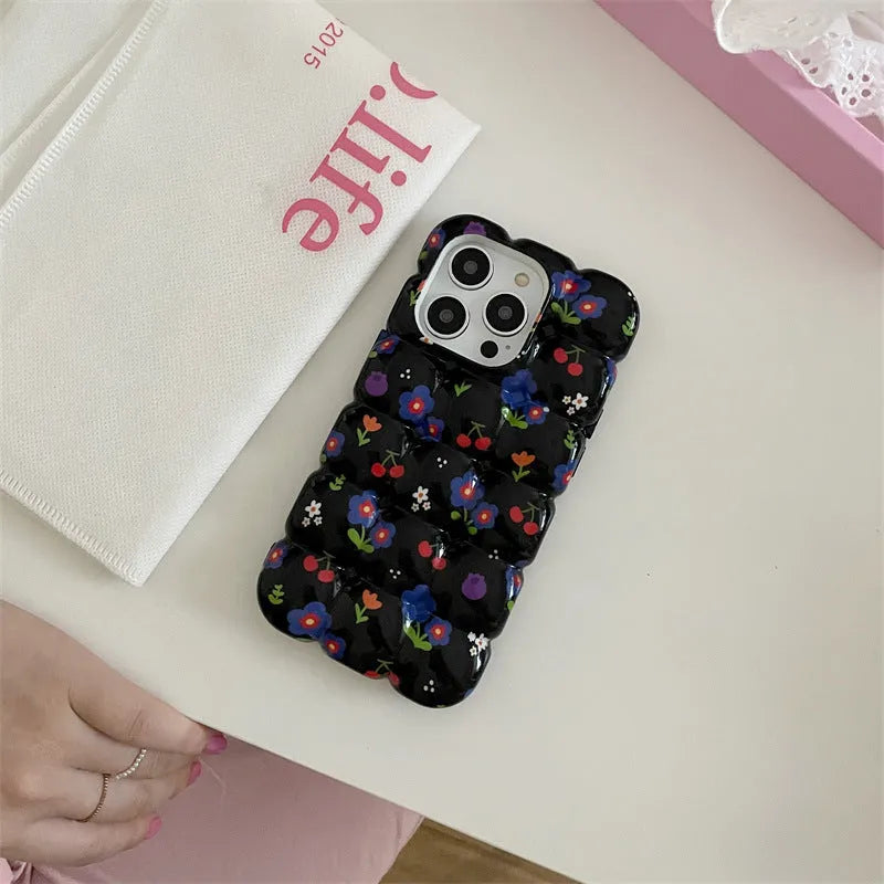 Retro cherry floral plaid TPU anti-fall phone case for iPhone with black background
