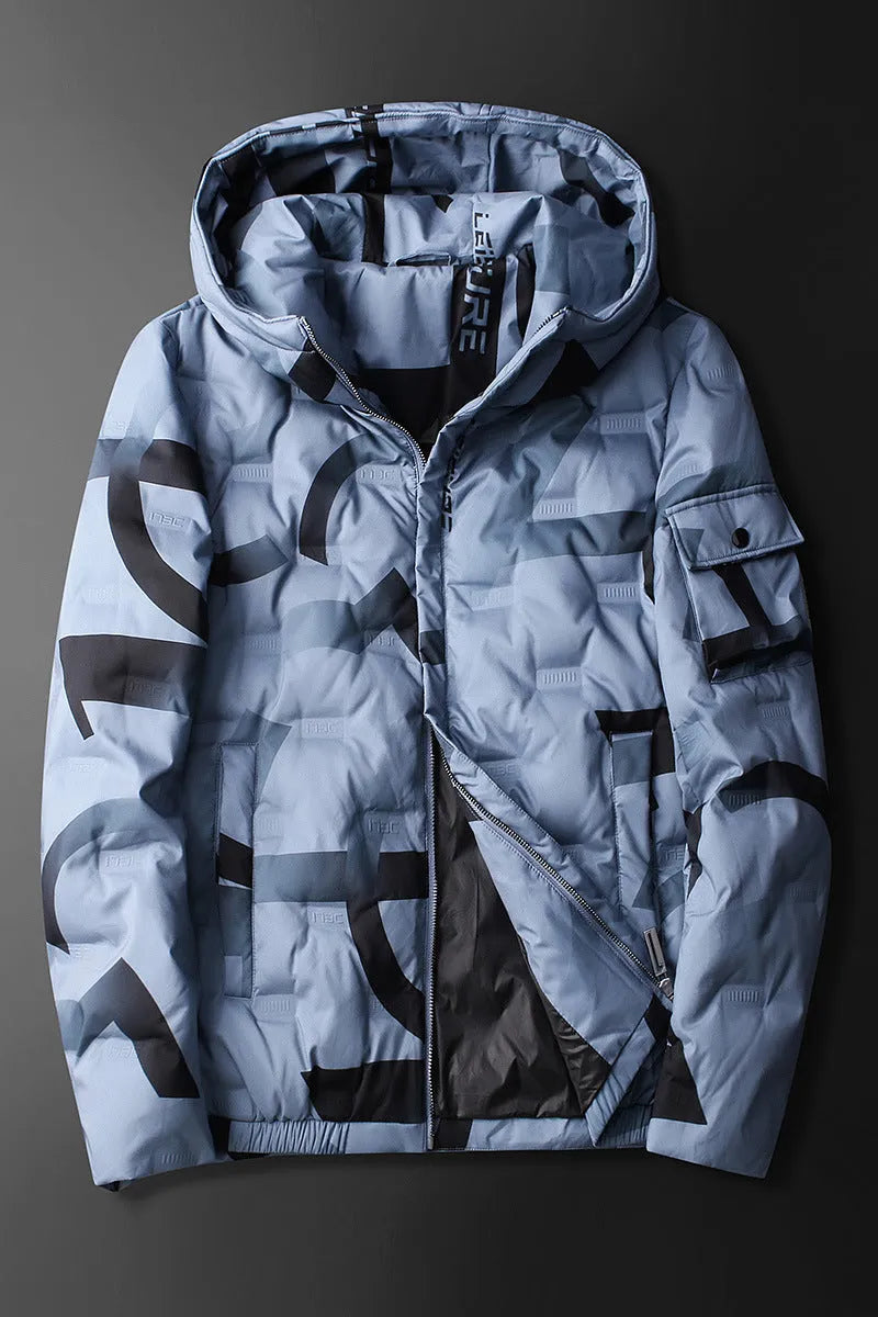Cotton hooded down jacket in blue with fixed hood and zip front, winter outerwear