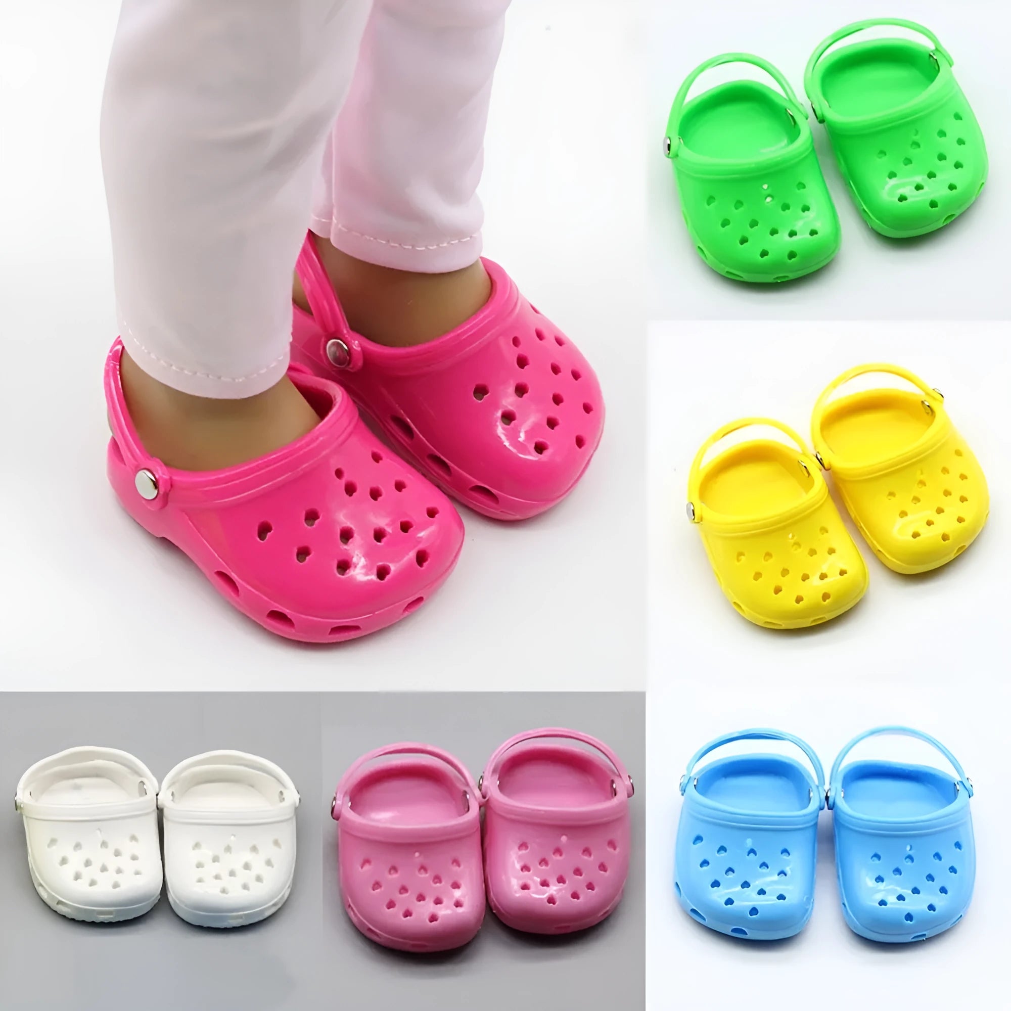 Colourful plastic doll beach slippers accessory in blue, red, yellow, green