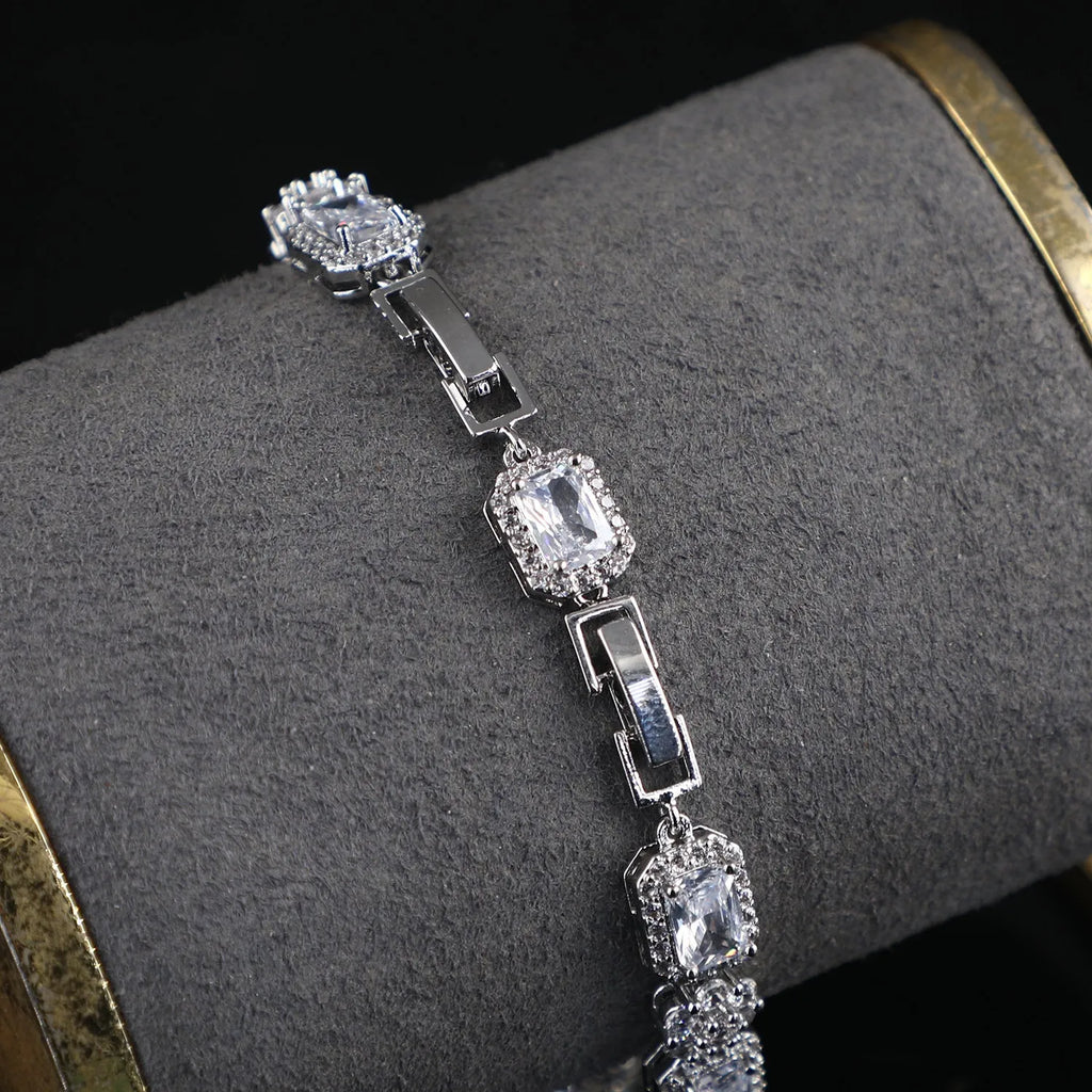 Copper real white gold full zircon claw chain bracelet for women, silver colour, flower and geometric shapes