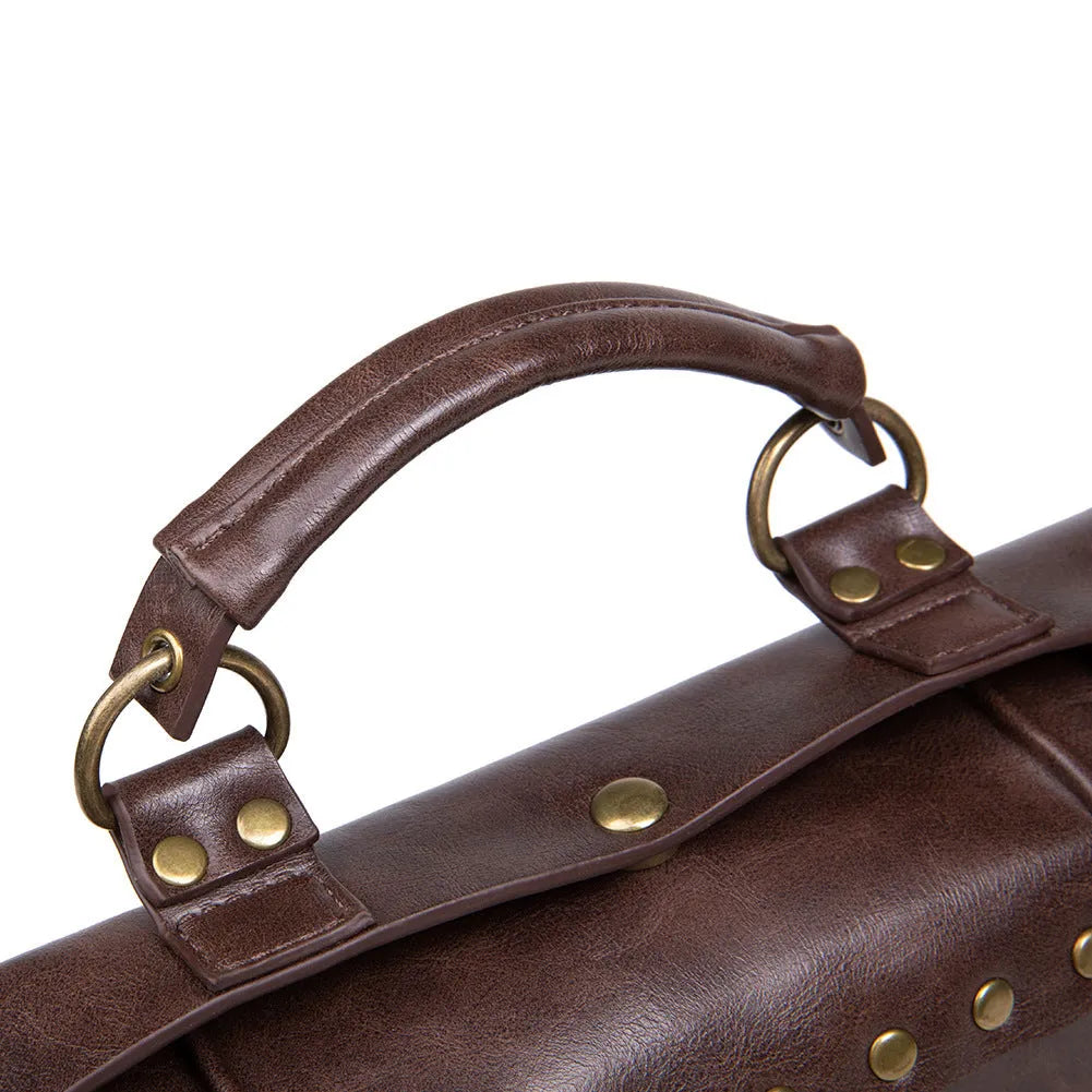 Bronze steampunk style square shoulder bag made of PU leather with metal hardware.