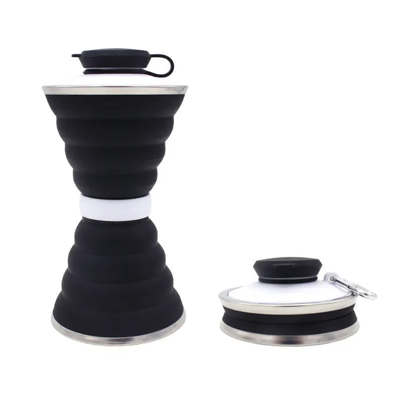 500ml collapsible silicone travel cup shown folded and unfolded with hanging rope and stainless steel rim