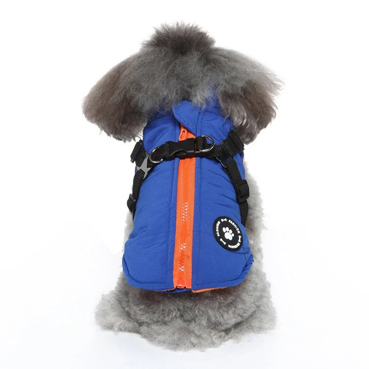 Adjustable chest strap jacket for pets in black, blue, green, and red