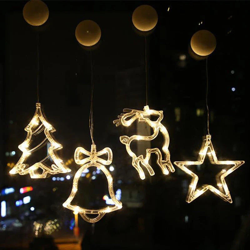 Festive LED Suction Cup Chandelier Lights with various holiday designs including snowmen, reindeer, and stars