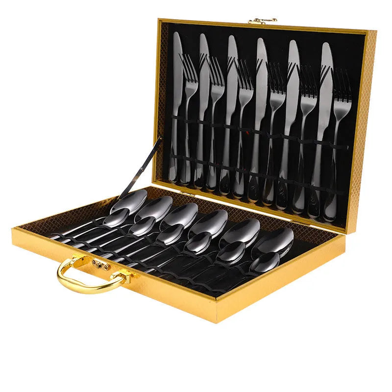 24-piece stainless steel tableware set including knives, forks and spoons in various colour options