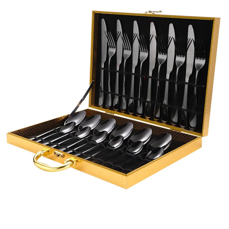 24-piece stainless steel tableware set with one-piece molding in various colors