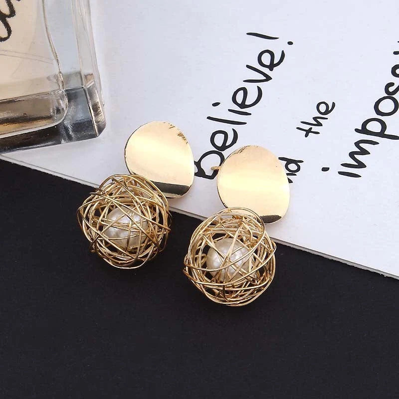 Vintage Geometric Earrings with woven ball and pearl stud design, 4.5cm length