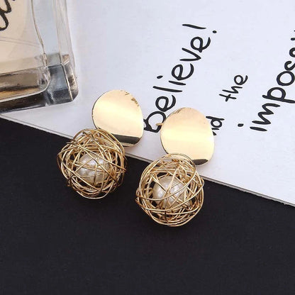 Vintage Geometric Earrings with woven ball and pearl stud design, 4.5cm length