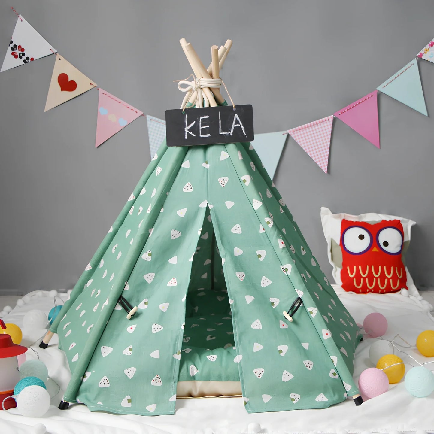 Green triangle cotton pet tent kennel assembled with wood sticks, L size 60x60x70cm, optional cushion for dog cat warmth