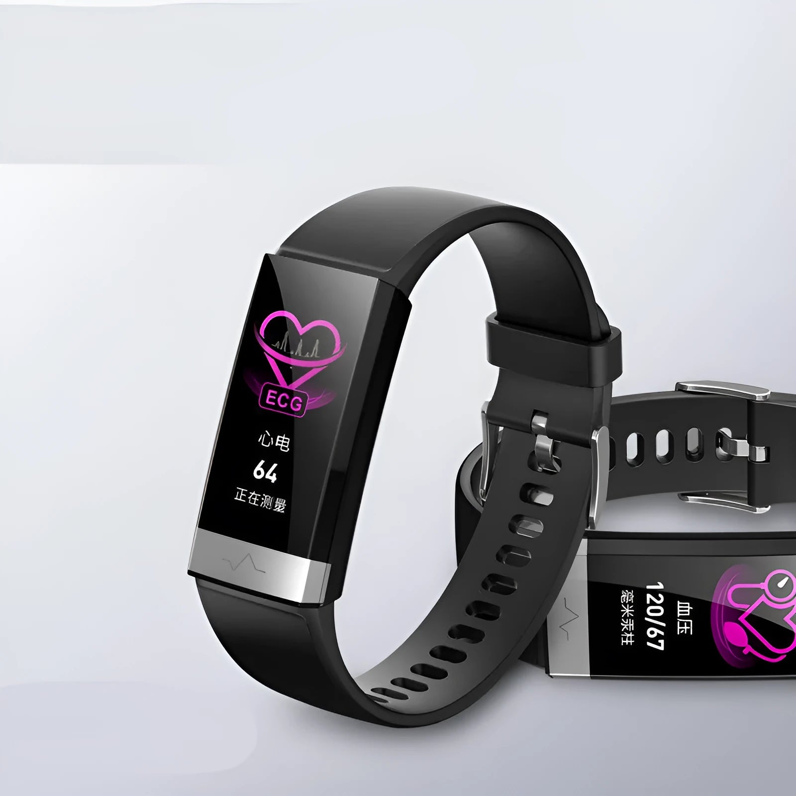 V19 smart bracelet with health monitoring display showing ECG, PPG and SpO2 metrics