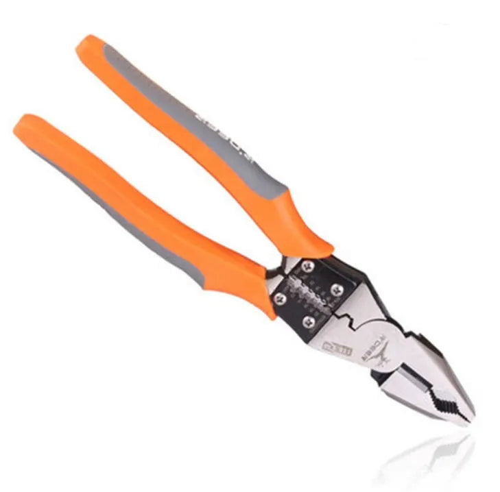 Orange 9-inch multi-function wire cutter pliers with chrome steel crimping head and textured PVC handles.