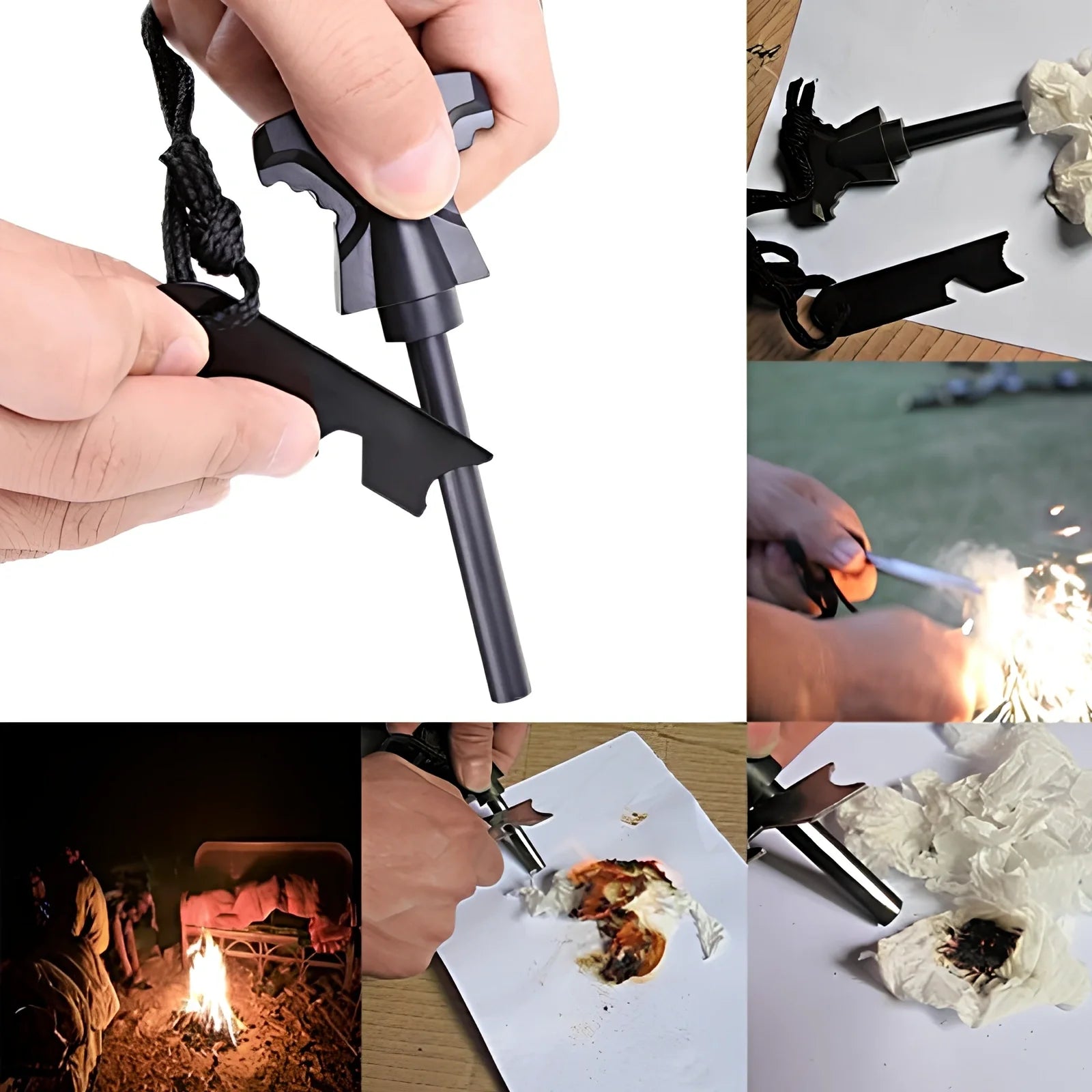 Compact black survival kit with compass, whistle, fishing components, and multi-tool arranged in organised compartments