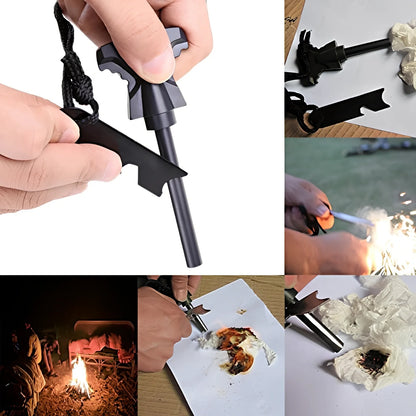 Compact black survival kit with compass, whistle, fishing components, and multi-tool arranged in organised compartments