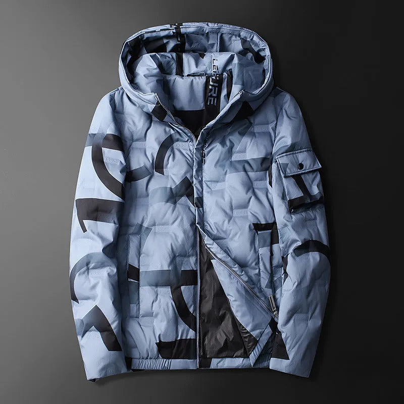 Cotton hooded down jacket in blue with fixed hood and zip front, winter outerwear