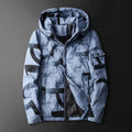 Cotton hooded down jacket in blue with fixed hood and zip front, winter outerwear