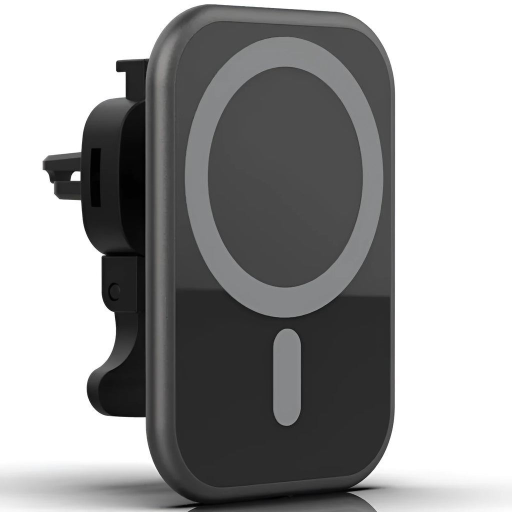 15W magnetic car wireless charger with USB interface, indicator function, and black finish on dashboard