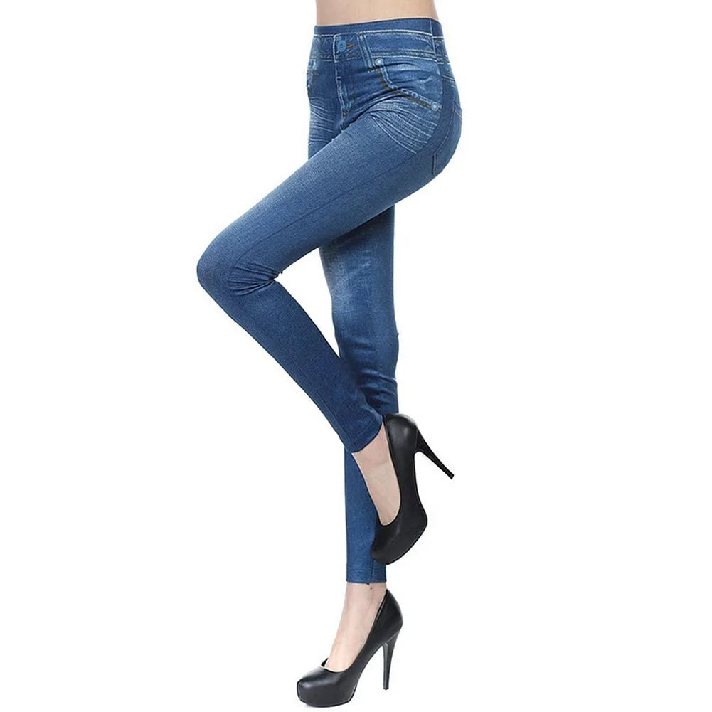 High waisted denim look leggings in various colors and sizes, showcasing stretch fit and comfort